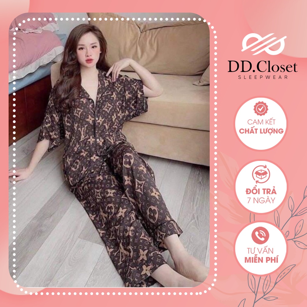 Bộ đồ ngủ pijama nữ cộc tay quần dài chất lụa Kate Thái mềm mịn màu nâu họa tiết Luis Vuiton sang chảnh - CD0068