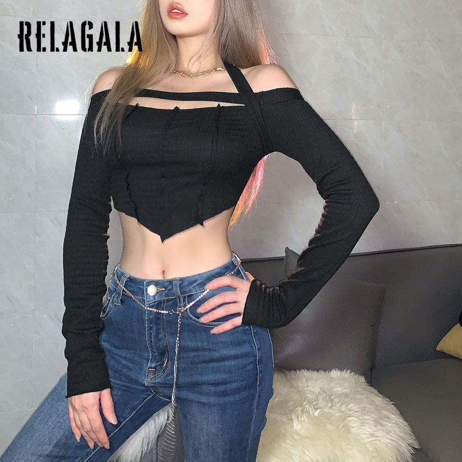 Áo Croptop Tay Dài Màu Trơn Dáng Ôm Thời Trang Quyến Rũ Cho Nữ