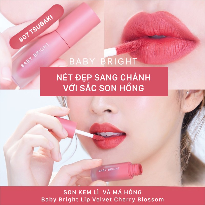 Son kem và má hồng Baby Bright Lip &amp; Cheek Velvet Cherry Blossom 2.4g