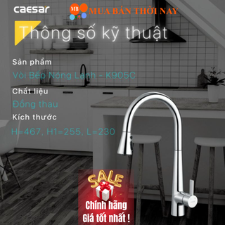 Vòi rửa chén rút dây nóng lạnh Caesar K905C, Vòi bếp 2 đường nước, Cam kết chính hãng