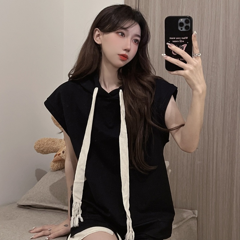 Áo Hoodie Không Tay Dáng Rộng Màu Sắc Đơn Giản Cho Nữ