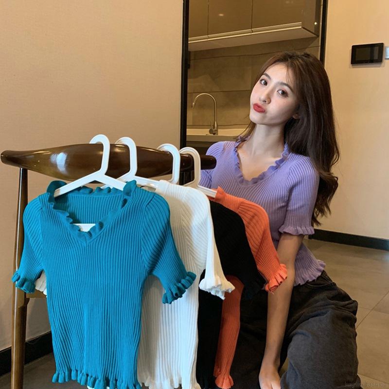 [Baywellfashion]Korean Style Sexy Knit Short V-neck Solid Color Stringy Selvedge Simple Casual Comfortable Women's Tops