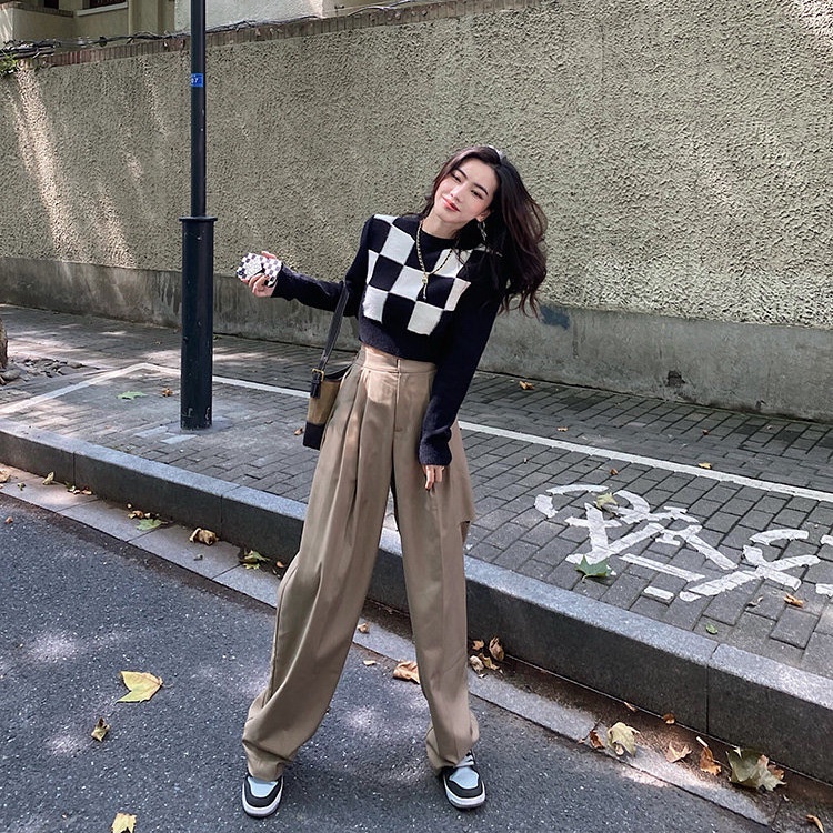 Áo len dáng ngắn lưng cao thiết kế họa tiết kẻ ô thời trang mùa thu cho nữ