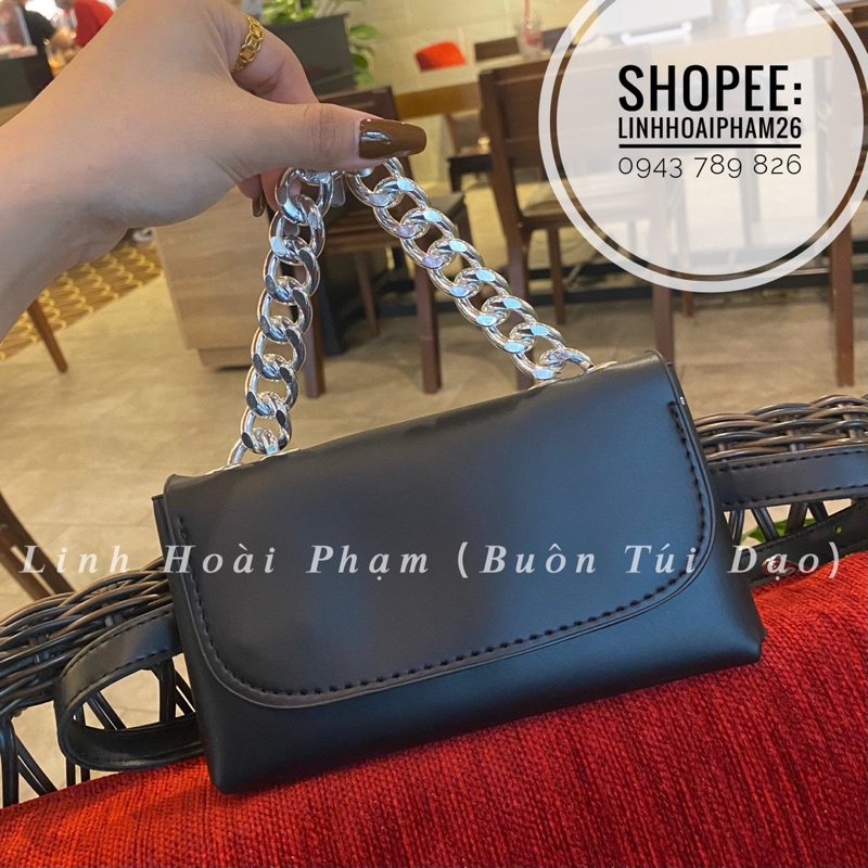 Túi da đeo hông kèm dây xích đeo chéo size 20cm (ảnh thật)