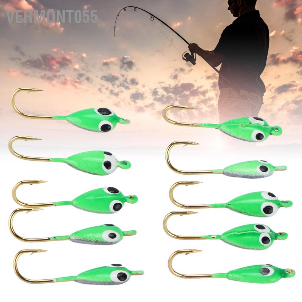 Vermont055 10Pcs Ice Fishing Jigs Barbed Winter Jigging Lures Mini Hook Accessories Green Tadpole Shape