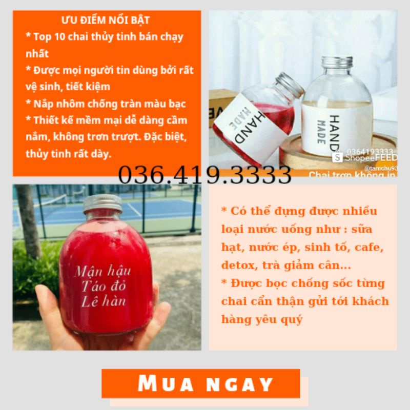 Chai thủy tinh tròn bầu lùn 500ml nắp bạc chống tràn