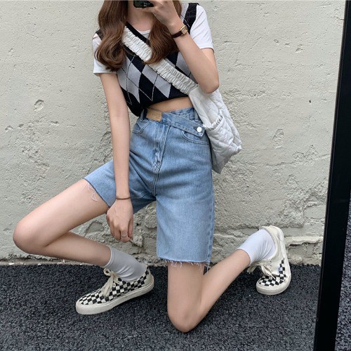 Light-colored denim shorts women's summer new style high-waist straight-leg raw-edge wide-leg pants loose pants