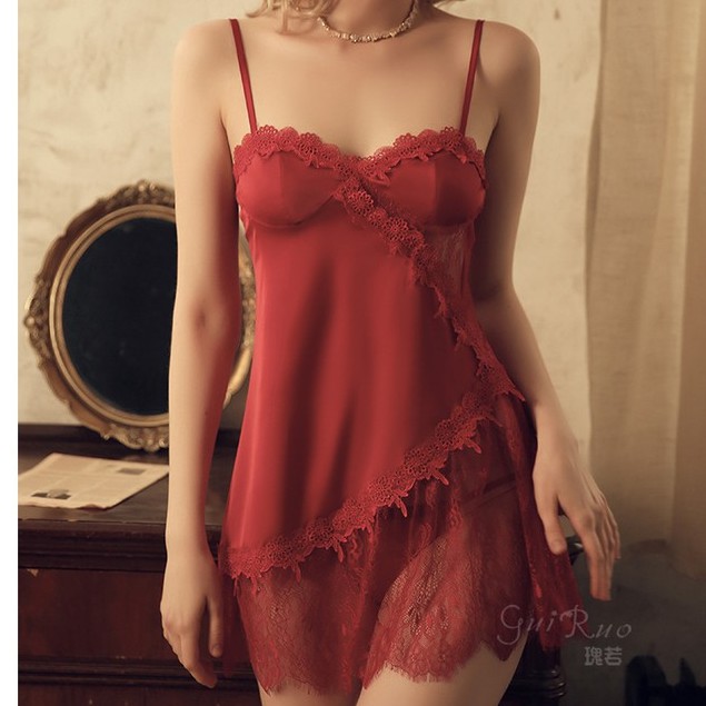Váy ngủ lụa sexy hai dây phối ren hông gợi cảm NA606