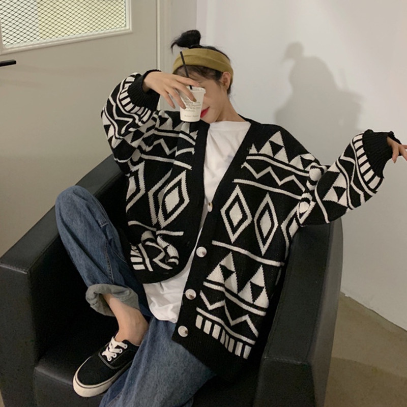 Áo khoác cardigan dệt kim dáng rộng họa tiết hình học phong cách phương Tây thời trang thu đông cho nữ