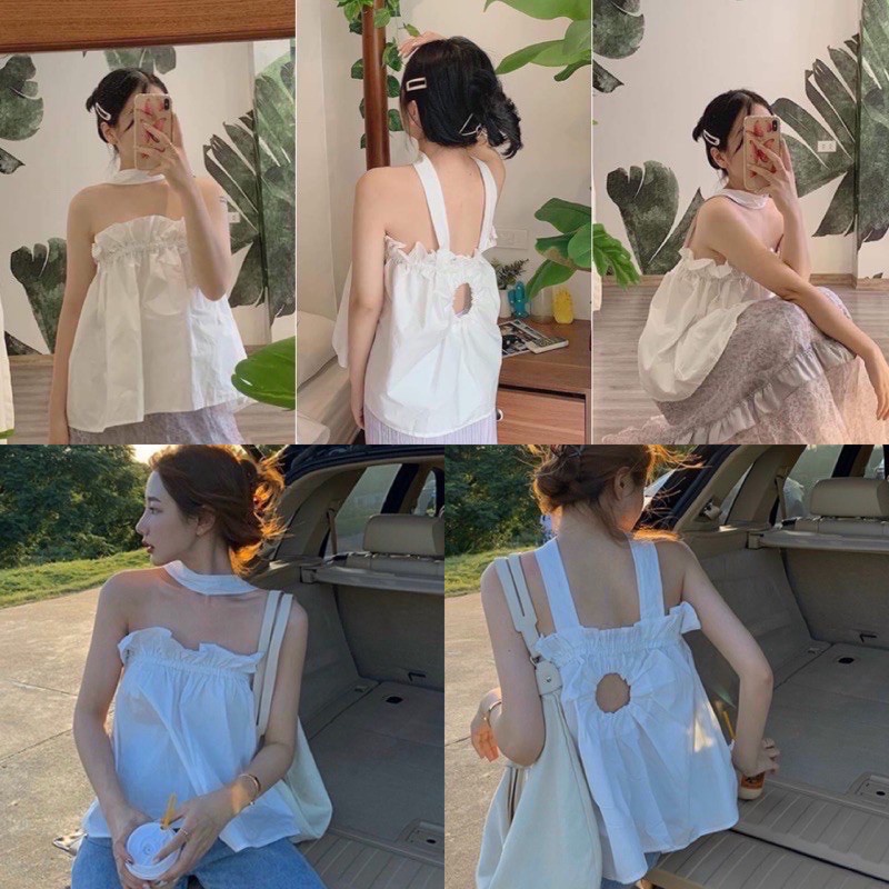 Áo Kiểu Nữ Phối Dây Kiểu Cổ Yếm Chất Kate Lụa