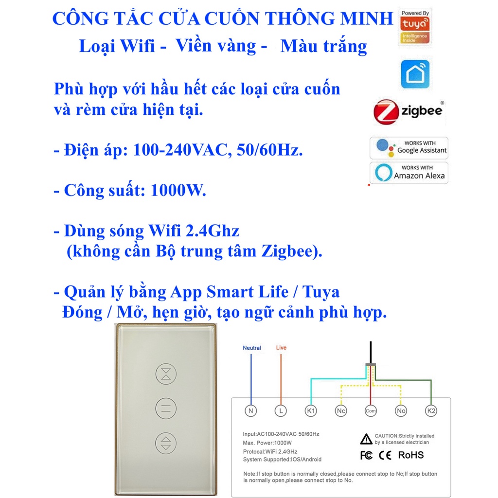 Công tắc cửa cuốn thông minh Hệ Tuya, kết nối Wifi/ Zigbee, App Smart Life/ Tuya -