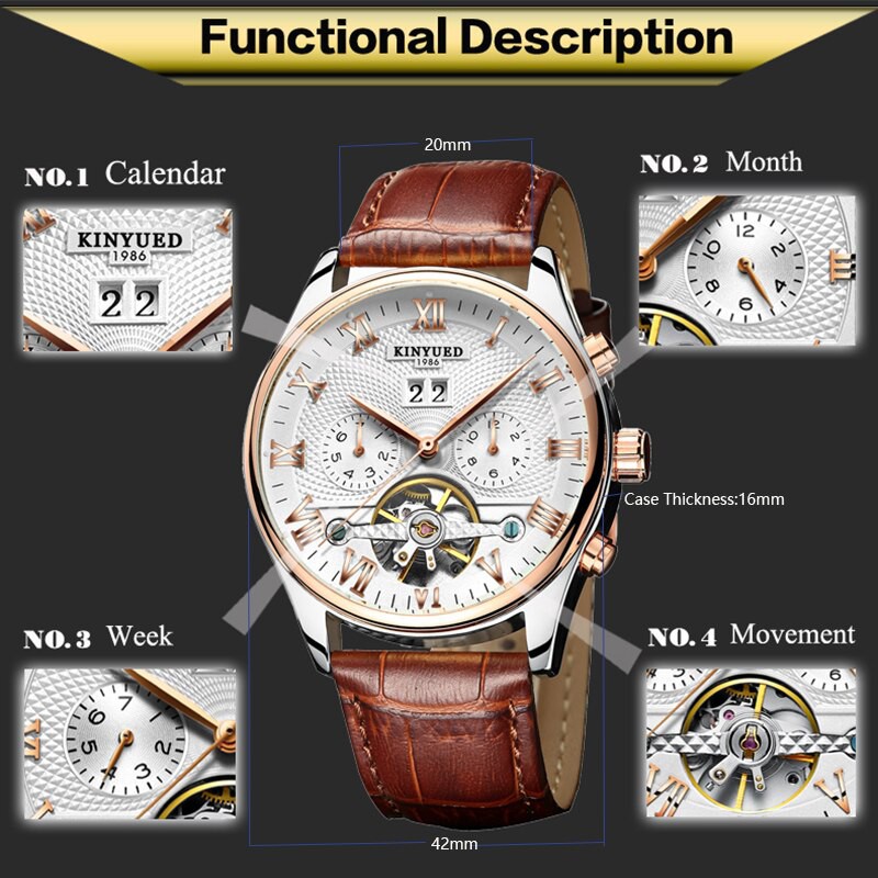 Đồng Hồ Cơ Nam Automatic Chính Hãng Kinyued Dây Da Cao Cấp Chạy Full Kim Đẳng Cấp