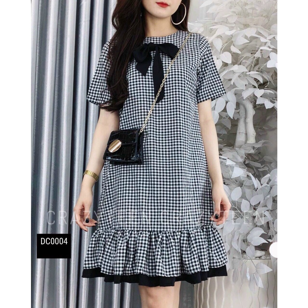 Đầm caro dáng xuông đuôi cá bèo cột nơ cổ đen, đầm tiểu thư tay ngắn bèo mặc nhà đi chơi dễ thương