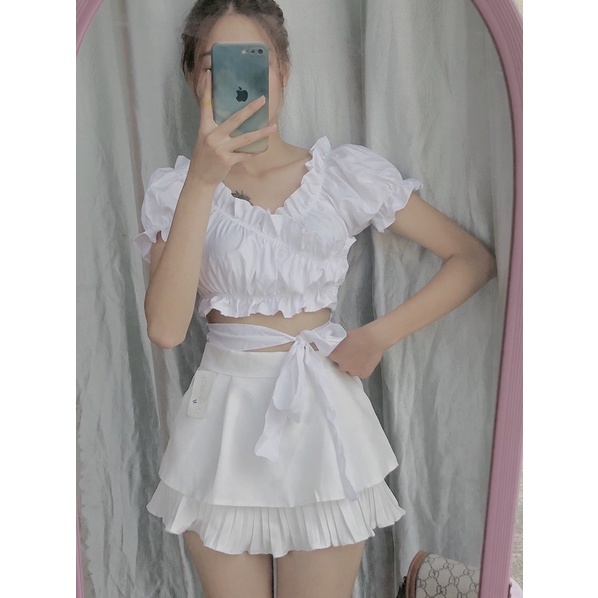 Áo kiểu nữ form croptop chất kate lụa nhún dây cột eo