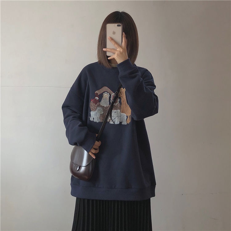 Áo sweater COZOKC cổ tròn dáng rộng thêu họa tiết hoạt hình phong cách cổ điển Hàn Quốc