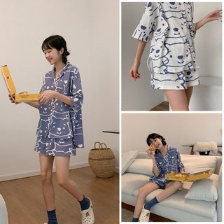 Đồ ngủ nữ, pijama nữ cộc tay hình gấu dễ thương màu XANH/TRẮNG X005