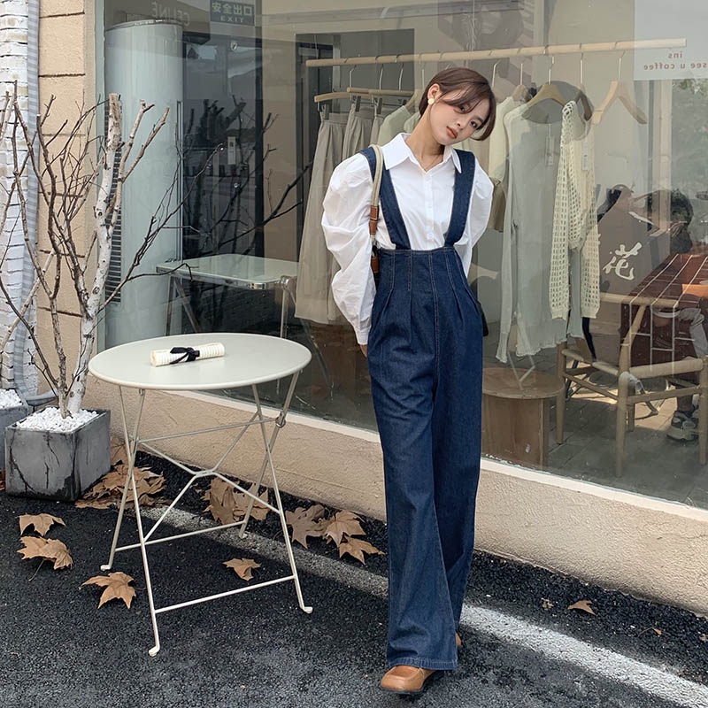 👗👗Quần Yếm Denim Lưng Cao Ống Rộng Phong Cách Hàn Quốc Dành Cho Nữ