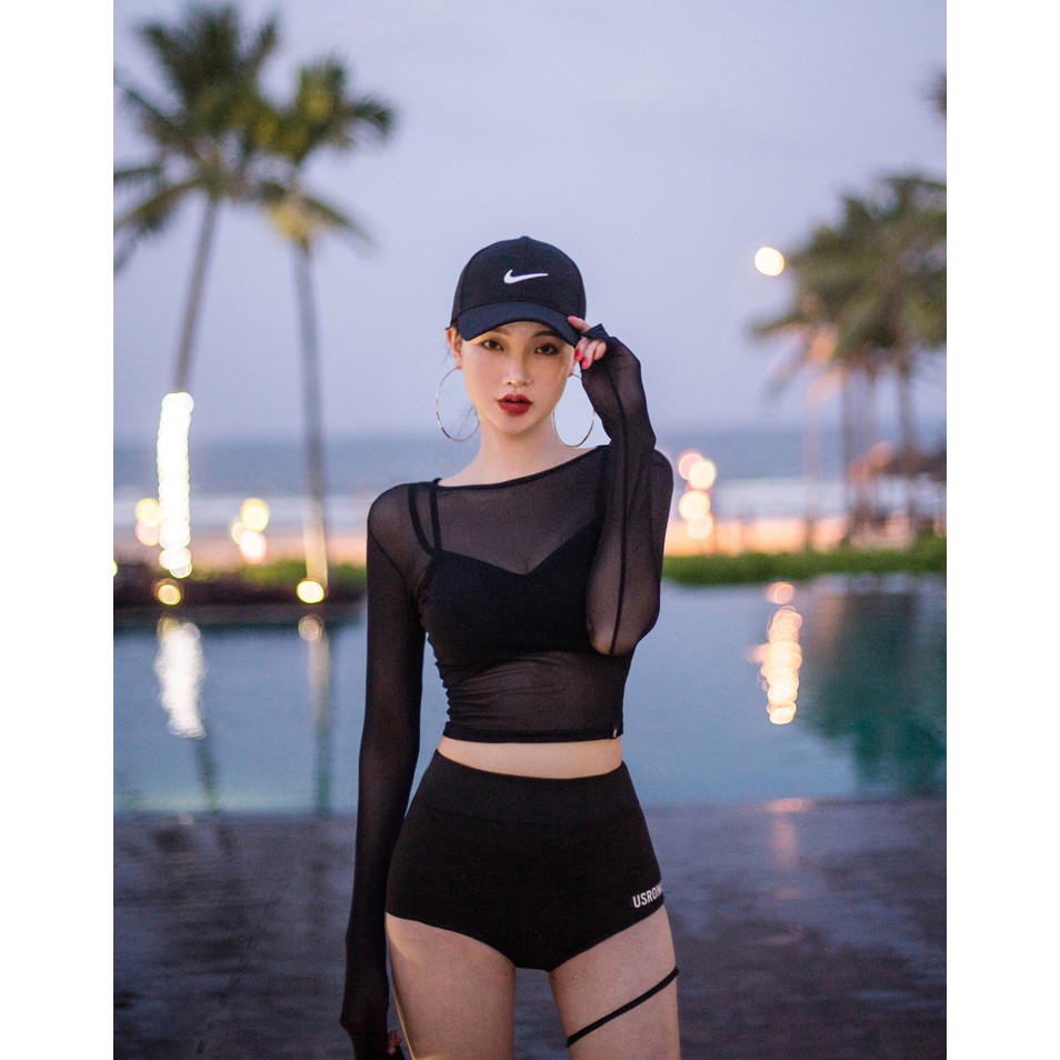 Set bikini cạp cao đen kèm áo lưới ( có ảnh thật clip)