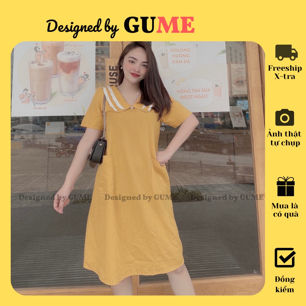 Đầm Bầu Công Sở - Váy Bầu GUME màu VÀNG CỔ TAM GIÁC PHA TRẮNG dáng suông chất vải đũi hàn size từ 40-100kg MB216
