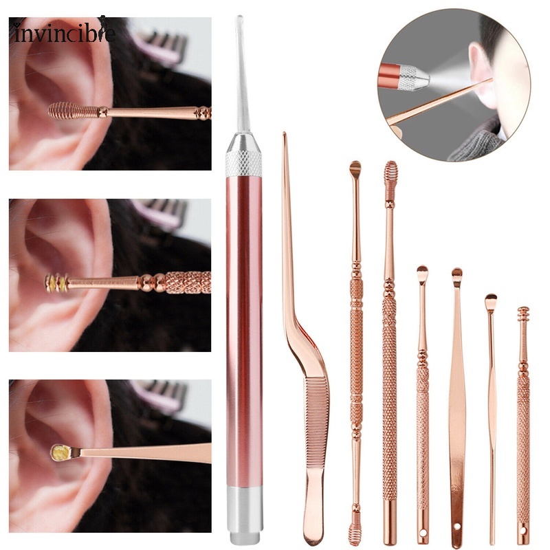 Set 8 Dụng Cụ Lấy Ráy Tai Đầu Xoay 360 Độ Bằng Thép Không Gỉ Tiện Dụng Cho Nữ