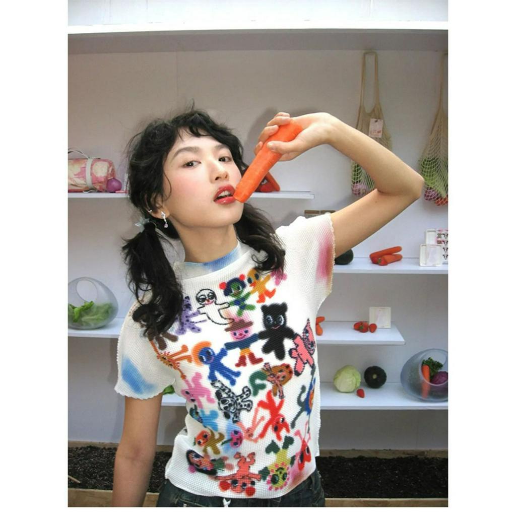 ZHELIHANGFEI Áo Thun Tay Ngắn Cổ Tròn In Họa Tiết Hoạt Hình Graffiti Thời Trang Mùa Hè Cho Nữ