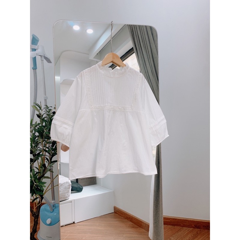 Áo sơm mi babydoll ren cổ tay lỡ , sơ mi tay lỡ phối ren babydol 25021 ( video ảnh thật)