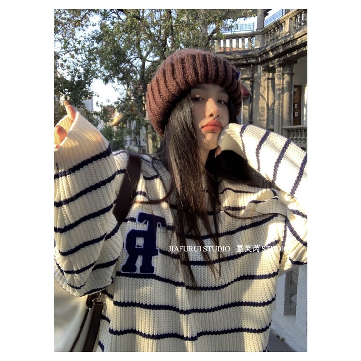 Áo sweater len LANIESTORE form rộng oversize dài tay dày dặn cá tính màu trăng kẻ đen ngang