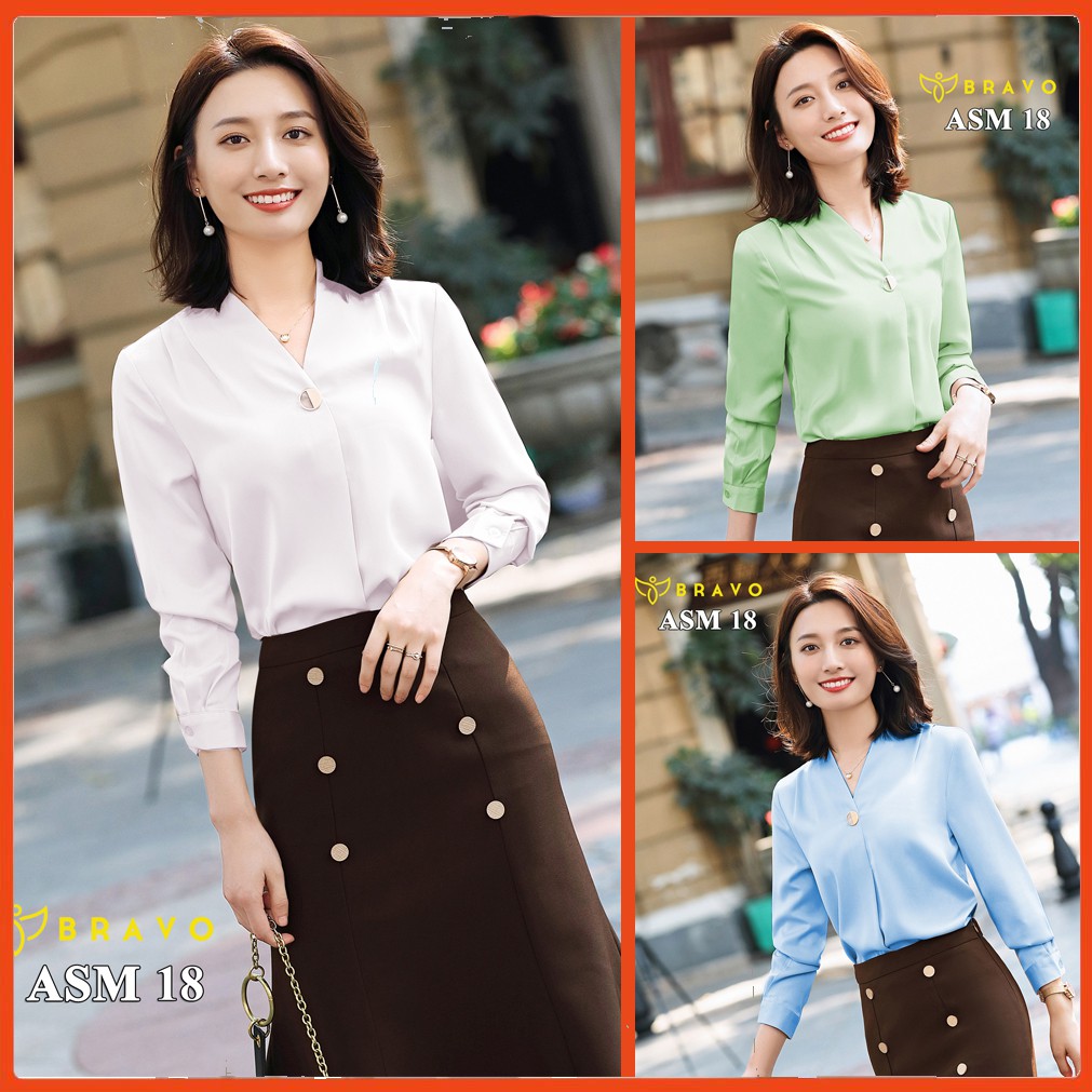 Áo sơ mi cổ chữ V - Áo sơ mi nữ dài tay dáng chuẩn - ASM18