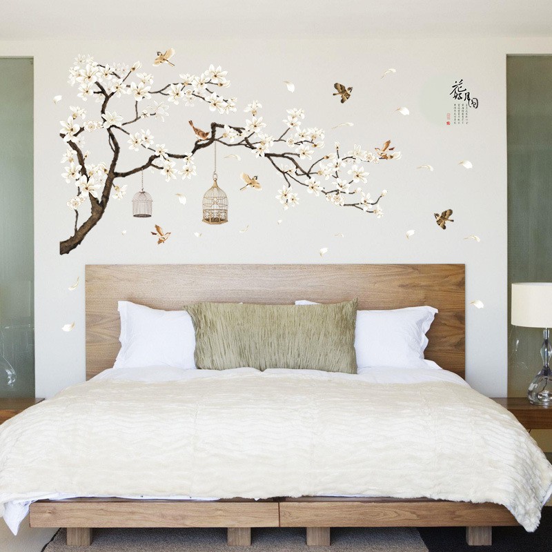 Decal dán tường trang trí phòng ngủ [THANH LÝ] Cành hoa thủy mặc trắng