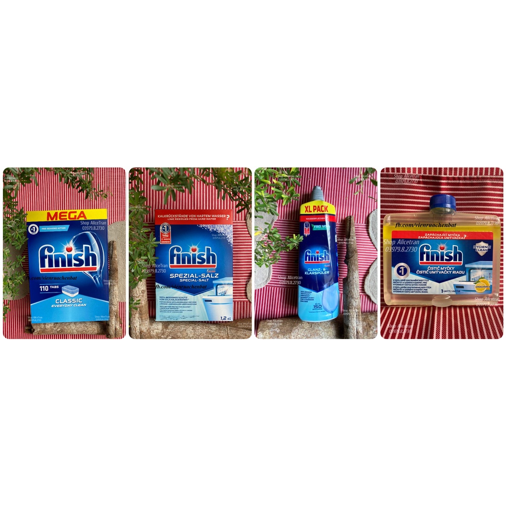 ComboViên rửa Finish Classic 90v/110v, muối Finish 1.5kg, bóng Finish 750ml, vệ sinh máy Finish 250ml (dùng cho máy)