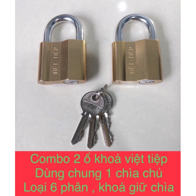 Combo 2 ổ khóa việt tiệp dùng chung 1 chìa ( loại 6 phân , khóa giữ chìa , gồm 3 chìa sơ cua )