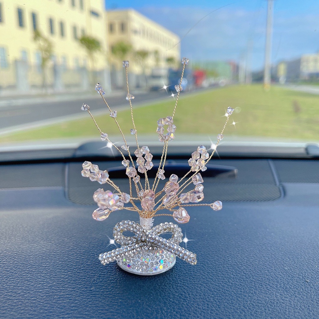 Lọ hoa thủy tinh đính đá nơ decor taplo xe ô tô - Phụ kiện decor taplo xe hơi