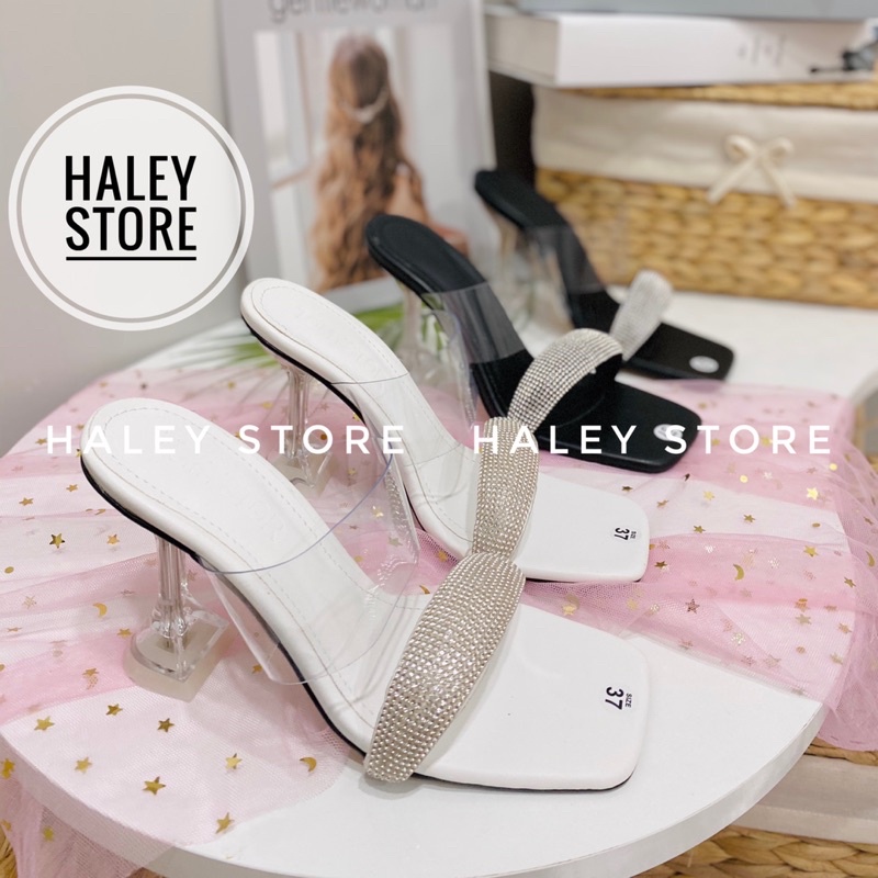 Guốc nữ HALEY STORE quai trong suốt đính đá xoàn lấp lánh gót ly 9cm mũi vuông sang chảnh tiểu thư rẻ bền êm