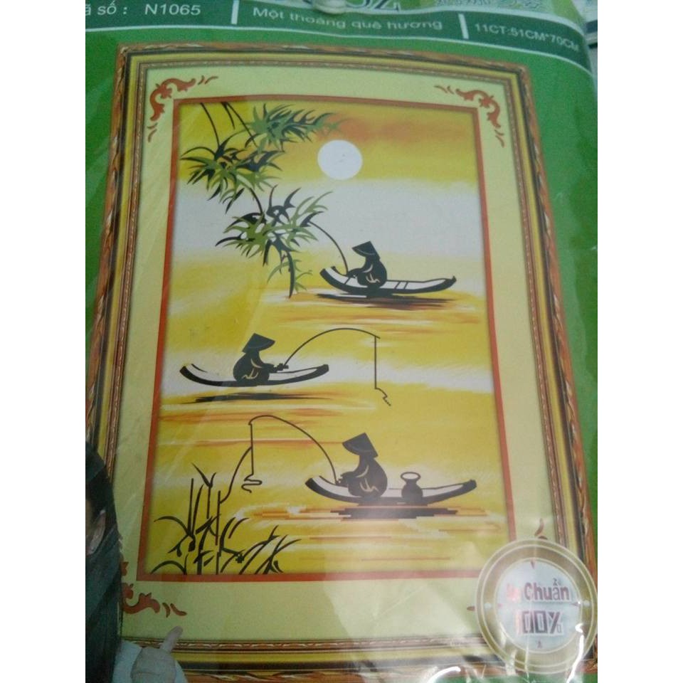 Tranh thêu chữ thập câu cá sông quê kích thước 51x70cm