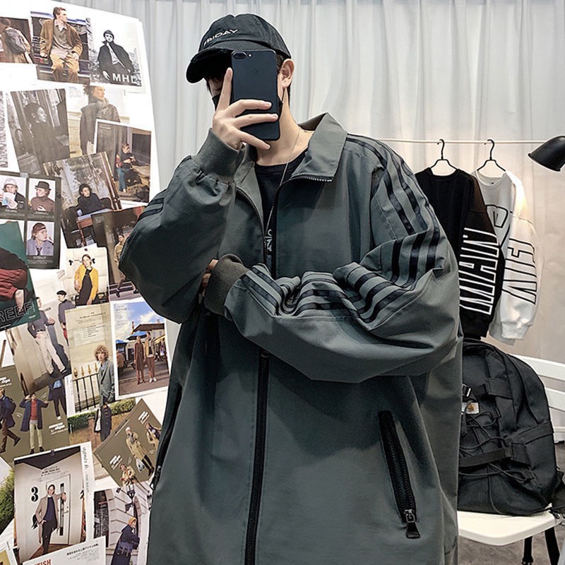 Áo khoác gió 2 lớp kéo khóa sọc vai form rộng unisex