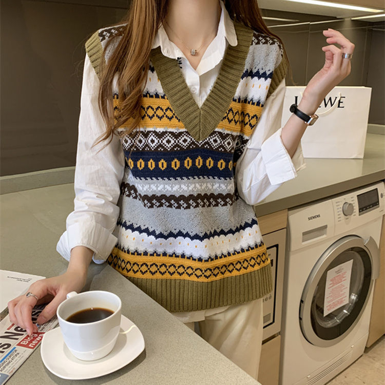 Áo Khoác Dệt Kim Thêu Jacquard Dáng Rộng Chui Đầu Phong Cách Mọt Sách Dành Cho Nữ