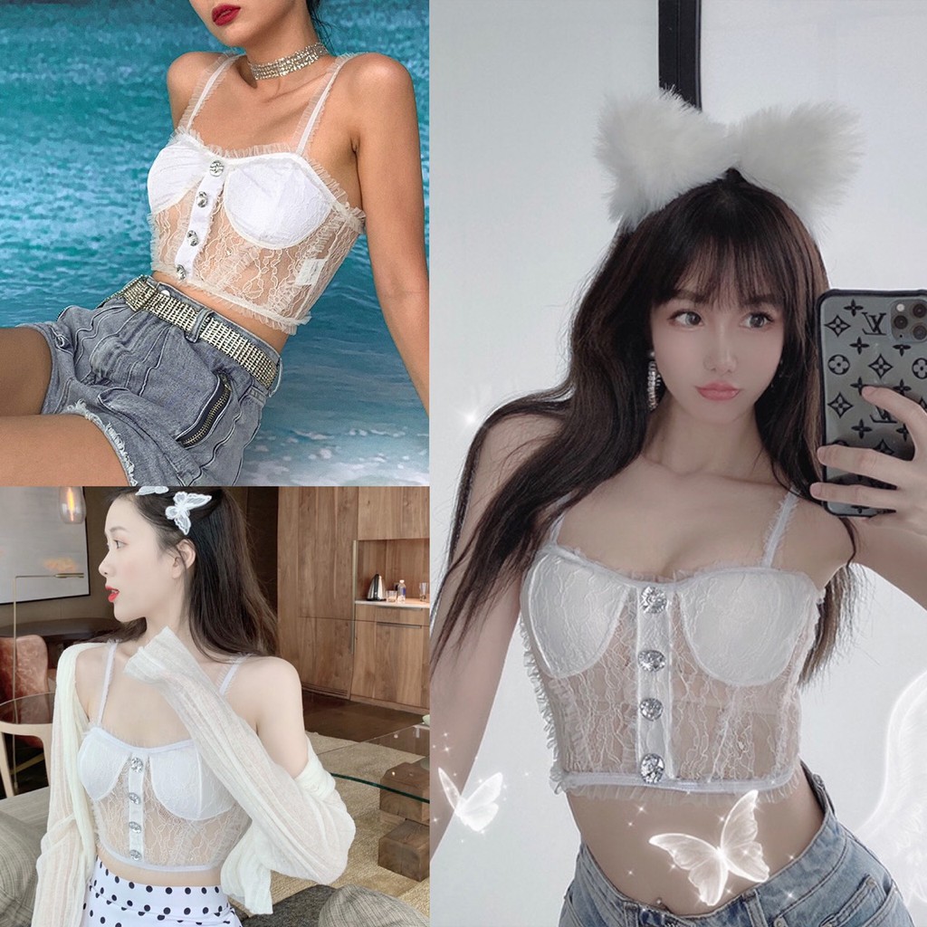 Áo Croptop ren 2 dây khuy đá sexy