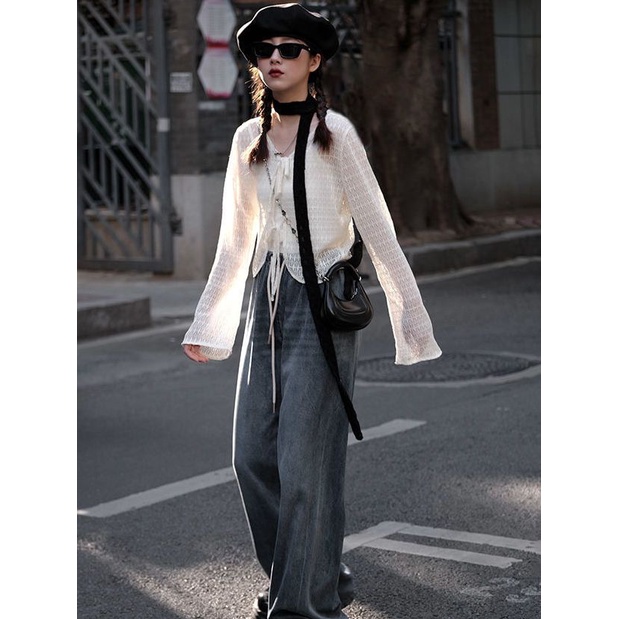 Áo Cardigan Cổ Chữ V Phối Ren Mỏng Thời Trang Mùa Hè Mới 2022 Cho Nữ