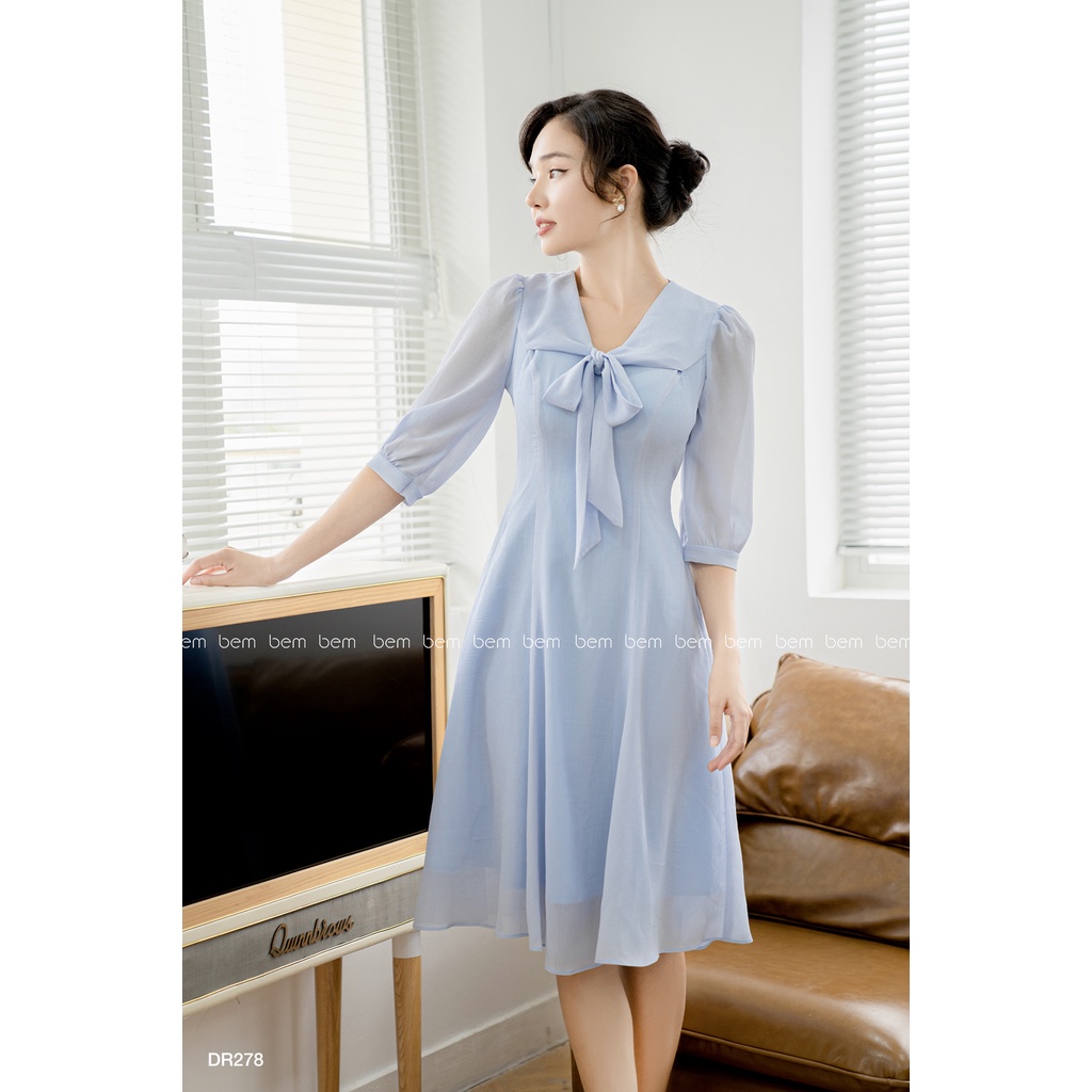 ĐẦM Công Sở Xanh Dương Tùng Xòe Cổ Phối Nơ Xinh Xắn BEM STUDIO