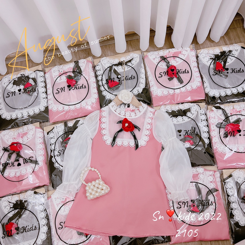 Váy cho bé gái, váy tiểu thư vải chéo hàn phối cổ ren và hoa trà đỏ cho bé size 12-32kg