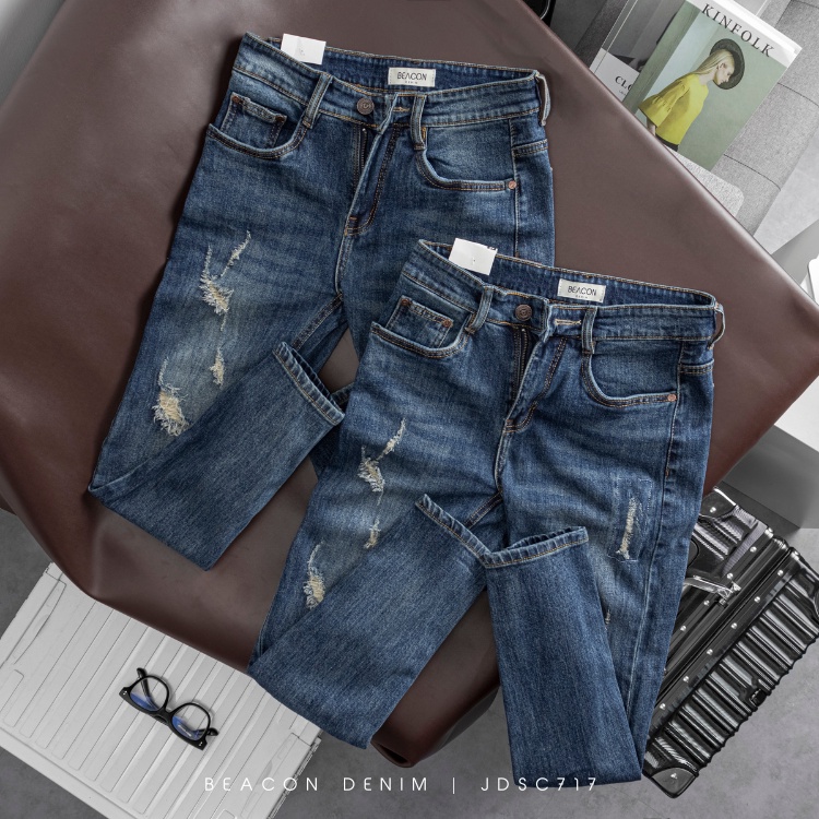 Quần Jean Dài Nam Siêu Cấp Xanh Đậm Rách Nhiều BEACON DENIM Form Slim Fit Năng Động JDSC717