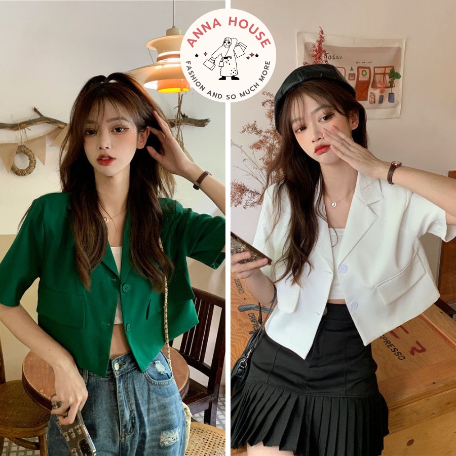 Áo khoác Blazer nữ dáng croptop ngắn tay form rộng cổ vest túi nắp, Áo blazer nữ khoác ngoài dáng ngắn cộc tay cổ vest