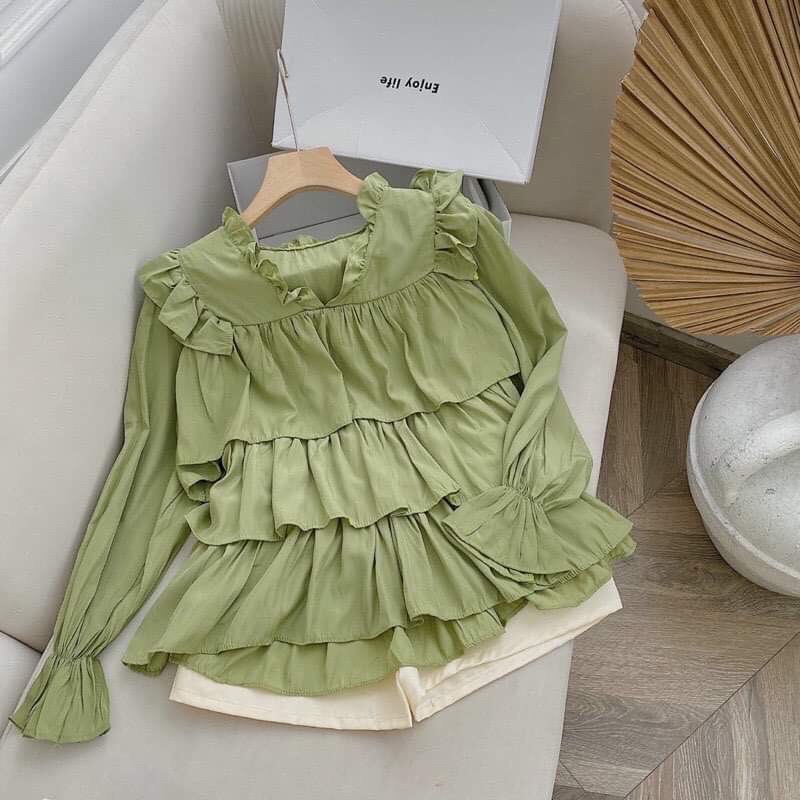 SET ÁO XANH BÈO TAY PHỒNG XẾP LY+ SHORT LƯNG THUN