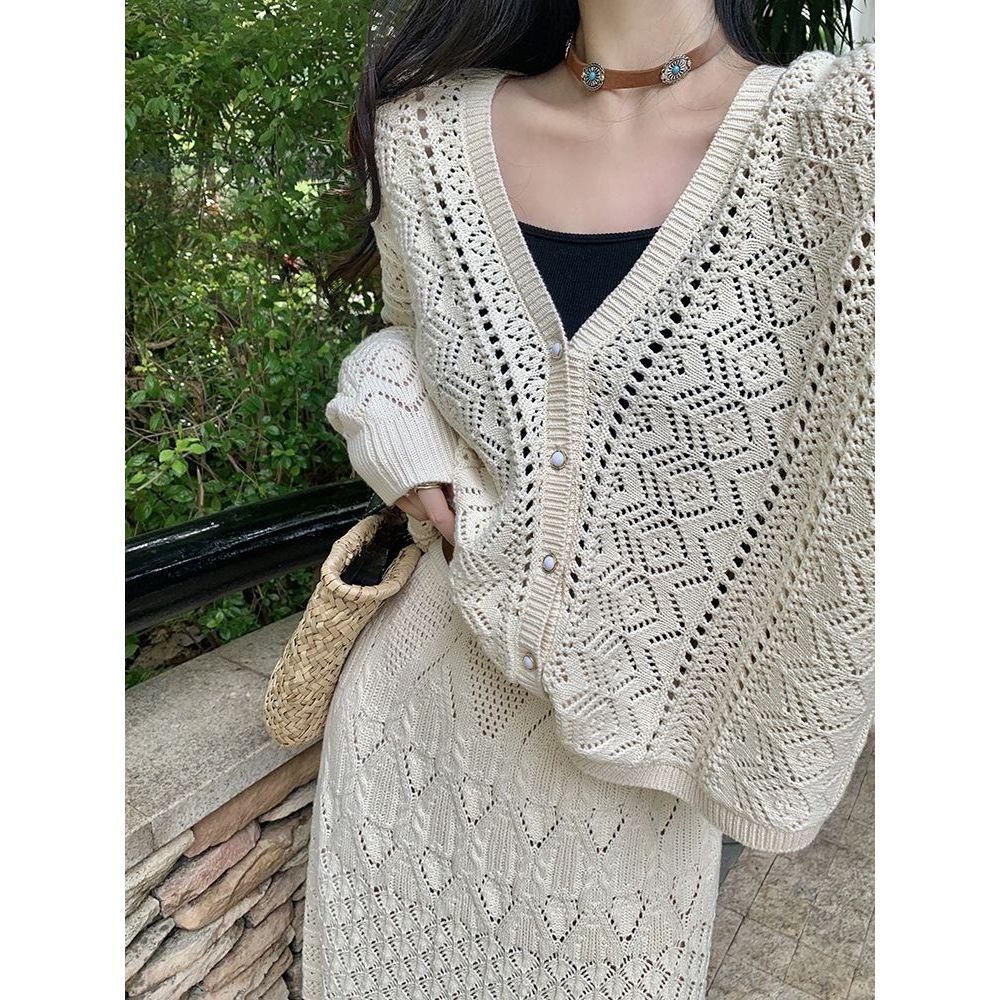Bộ Áo Khoác Cardigan Dệt Kim + Chân Váy Lưng Cao Thời Trang Mùa Thu Cho Nữ