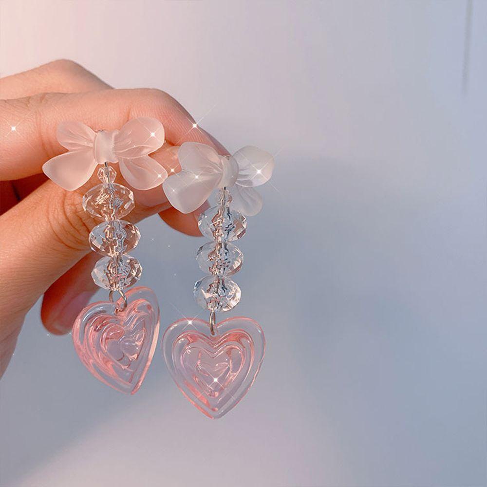 QQMALL Bông Tai Đính Nơ Tua Rua Màu Hồng Ngọt Ngào Phong Cách Pháp Cho Nữ