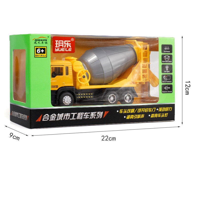Xe trộn bê tông mini bằng hợp kim nhựa mô hình tỉ lệ 1:50 đồ chơi trẻ em có đèn và âm thanh