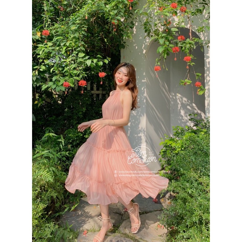 Đầm tơ voan cao cấp, cổ yếm dáng xoè bồng bềnh - Sakura Dress - TẶNG KÈM HOA TRÀ CÀI ÁO