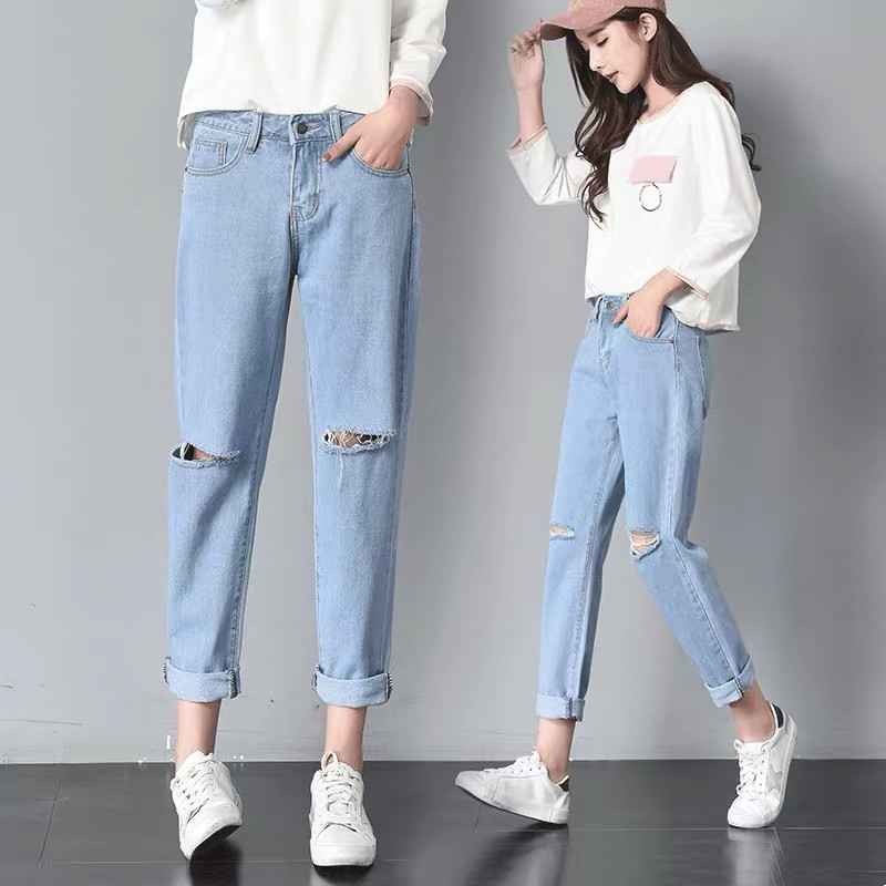 QUẦN BAGGY JEAN NỮ RÁCH 2 GỐI CÓ SIZE ĐẠI BIG SIZE