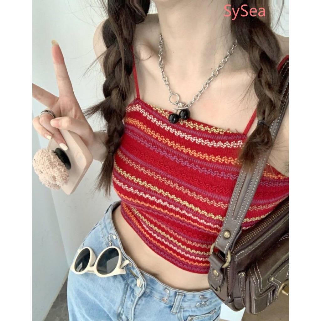 Áo Hai Dây Dệt Kim Kẻ Sọc Nhiều Màu Phong Cách Retro Cho Nữ