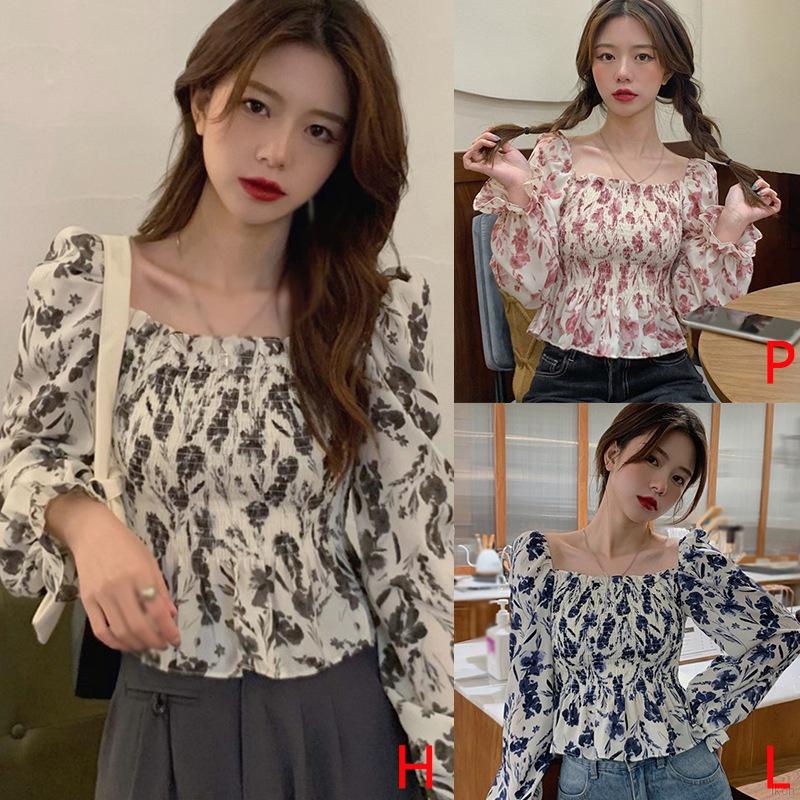 Áo croptop chiffon cổ vuông in họa tiết hoa phong cách Hàn Quốc quyến rũ cho nữ